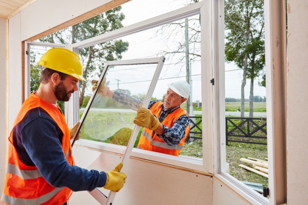 Window fitters installing a new bay window.